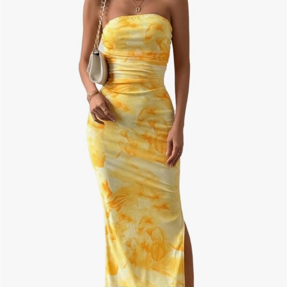 Amazon Yellow Floral Strapless Maxi Dress
